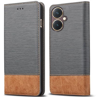 Image of ClickCase for vivo Y27 Blazer Series Cloth & Leather Wallet Flip Case Kick Stand with Magnetic Closure Flip Cover for vivo Y27 (Grey & Brown)