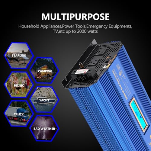Power Inverter 2000w DC 12V to AC 120V ETL UL458 Compatible with Lithium Battery for Off-Grid Solar Car RV Truck Boat with LCD Display Remote Control 2 AC Outlets Dual 2.4A USB Ports by VOLTWORKS