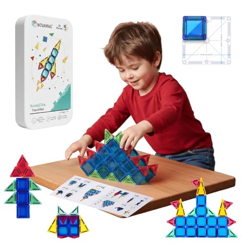 NOVAMAG NanoTiles - Juego de 28 piezas de azulejos magnéticos de viaje, juego educativo de imanes STEM para desarrollo cognitivo y juego sensorial, imprescindible para viajes