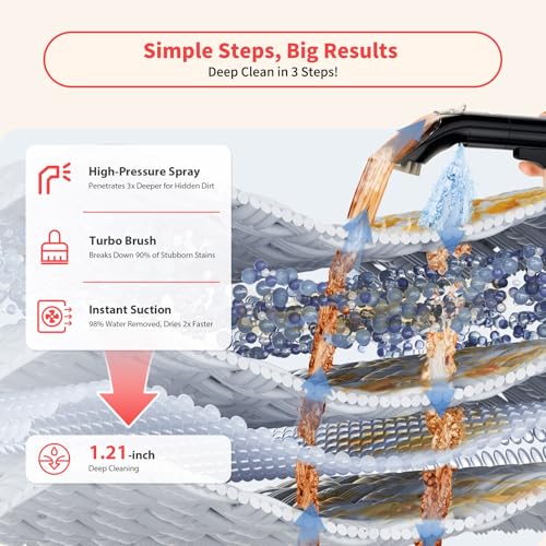 Image of UltraHeat Upholstery Carpet Cleaner, MUJERBAY 12Kpa Hot Mode Portable Spot and Stain Shampooer, Easy Move with 360Wheels & Handle, 1.18-inch Deep Cleaning Machine for Couch, Stairs, Car & Pet Messes