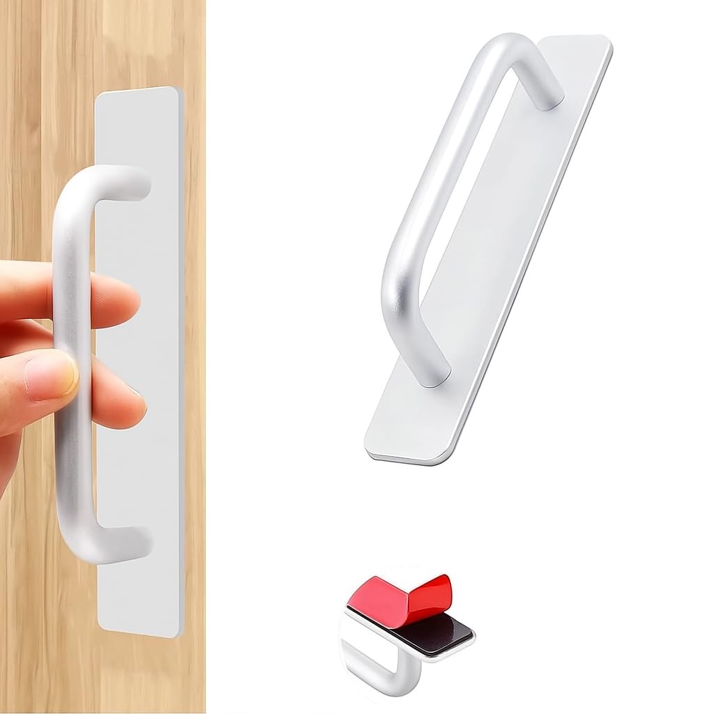 DHVSAM 1 Pcs Self Adhesive Cabinet Door Handle Stick On Handle Self Stick Drawer Pulls No Drill Black Cabinet Pulls Peel and Stick for Glass Sliding (Silver)-image-38