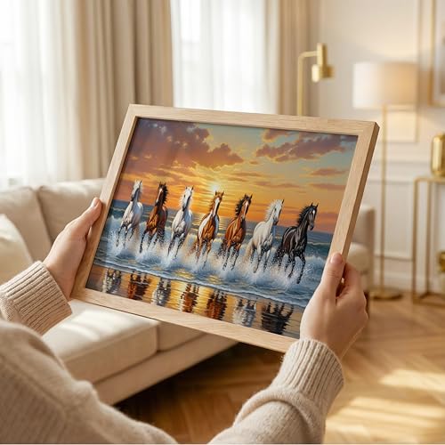 Image of Suneree 7 Horse Vastu Wall Painting - Running Horses Sunset Beach Landscape Framed Wall Art for Living Room & Office Decor (Natural, Design 10, 13x19 Inch)