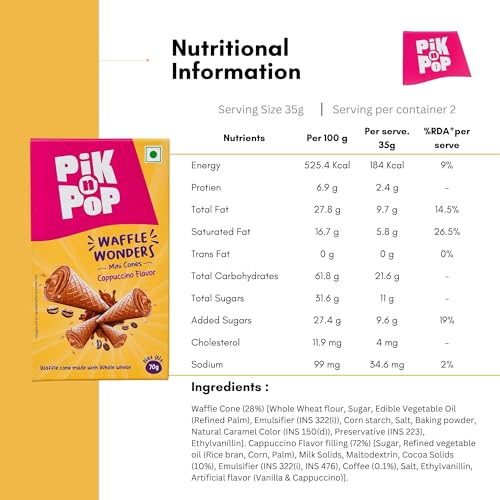 Image of Pik n Pop Cappuccino Mini Waffle Cones 70g (Pack of 2), Crispy Cones with Creamy Cappuccino Filling, Whole Wheat, Non-Meltable Ready-to-Eat Snack, 100% Eggless