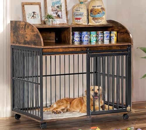 Merax 38” Heavy Duty Medium Dog Crate Indoor Furniture, Wooden Metal Kennel Pet Cage with Lockable Wheels & End Table Double Layer Storage, Brown Merax 38” Heavy Duty Medium Dog Crate Indoor Furniture, Wooden Metal Kennel Pet Cage with Lockable Wheels & End Table Double Layer Storage, Brown