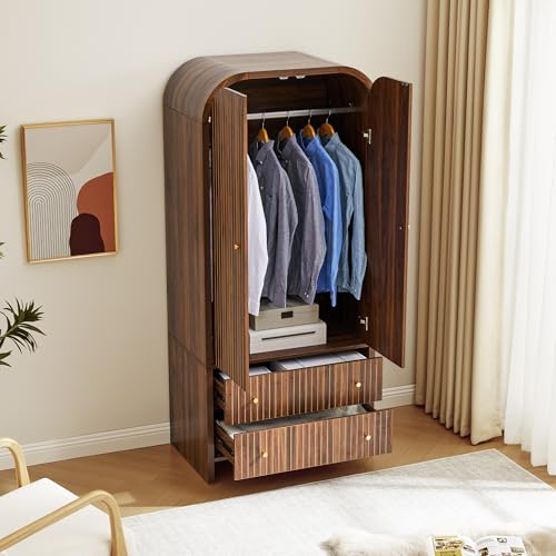 LEVNARY Arched Armoire Wardrobe Closet, Mid-Century Modern 2-Door Freestanding Wardrobe with Hanging Rod and 2 Drawers, Fluted Carved Clothing Storage Cabinet for Bedroom (Walnut)