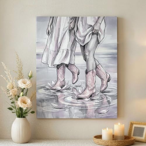 Toile abstraite bottes de cowboy et fleurs pour une ambiance de salon cosy