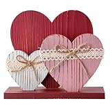 Valentines Day Decorations: Rustic Red Pink White Wood Heart Table Valentines Day Decor Sign, Farmhouse Heart Vintage Lace Bows Tiered Tray Decor for Home Décor