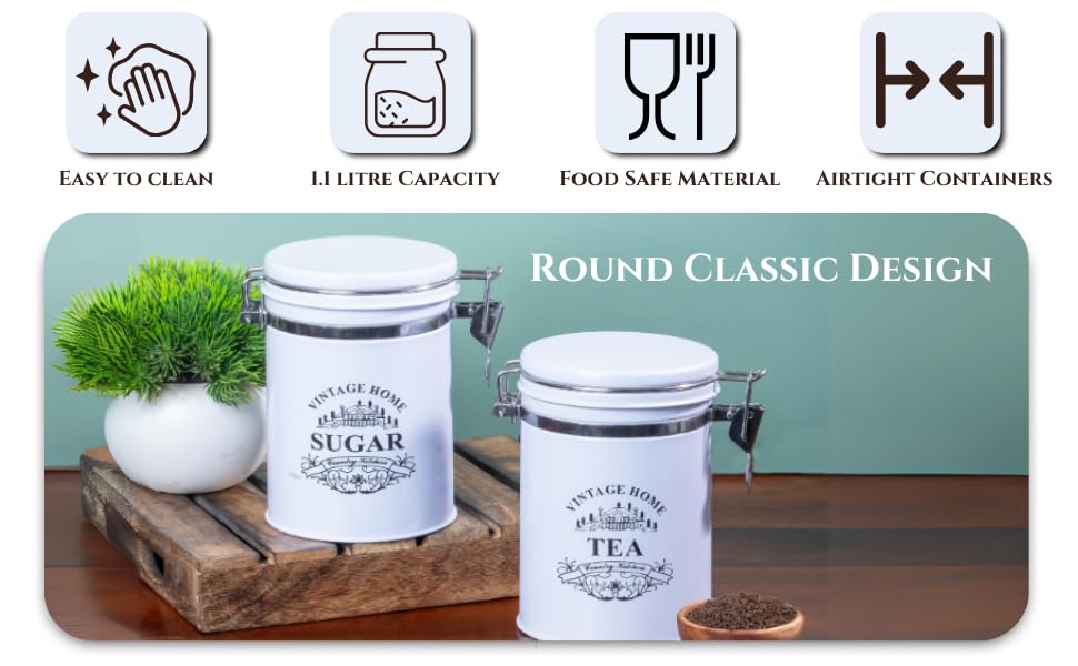 Image of Metallure Home Clip-Lock Round Classic Tea Sugar Container Set of 2 | Metal Container for Kitchen Storage | Airtight Jar Set | Food-Safe Tea Jars for Kitchen (White)