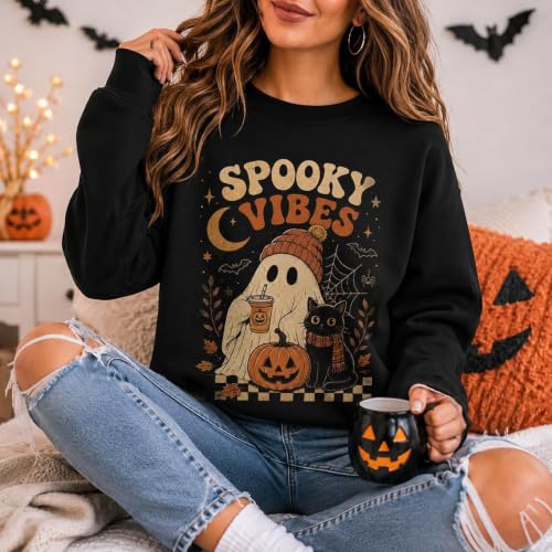 GAHIEDIM Halloween Costume Womens Halloween Sweatshirt,Ghost Pumpkin Graphic Sweatshirt Spooky Season Black Large - image 3
