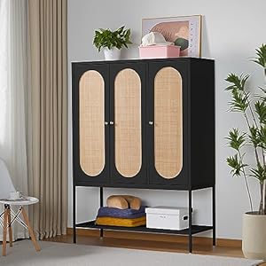 Large Armoire Wardrobe Closet with 3 Doors, Rattan Wardrobe Cabinet with Shelves and Hanging Rail for Clothes, Freestanding Wooden Black Closet for Bedroom, Black (47.24″ W x 18.89″ D x 62.99″ H)
