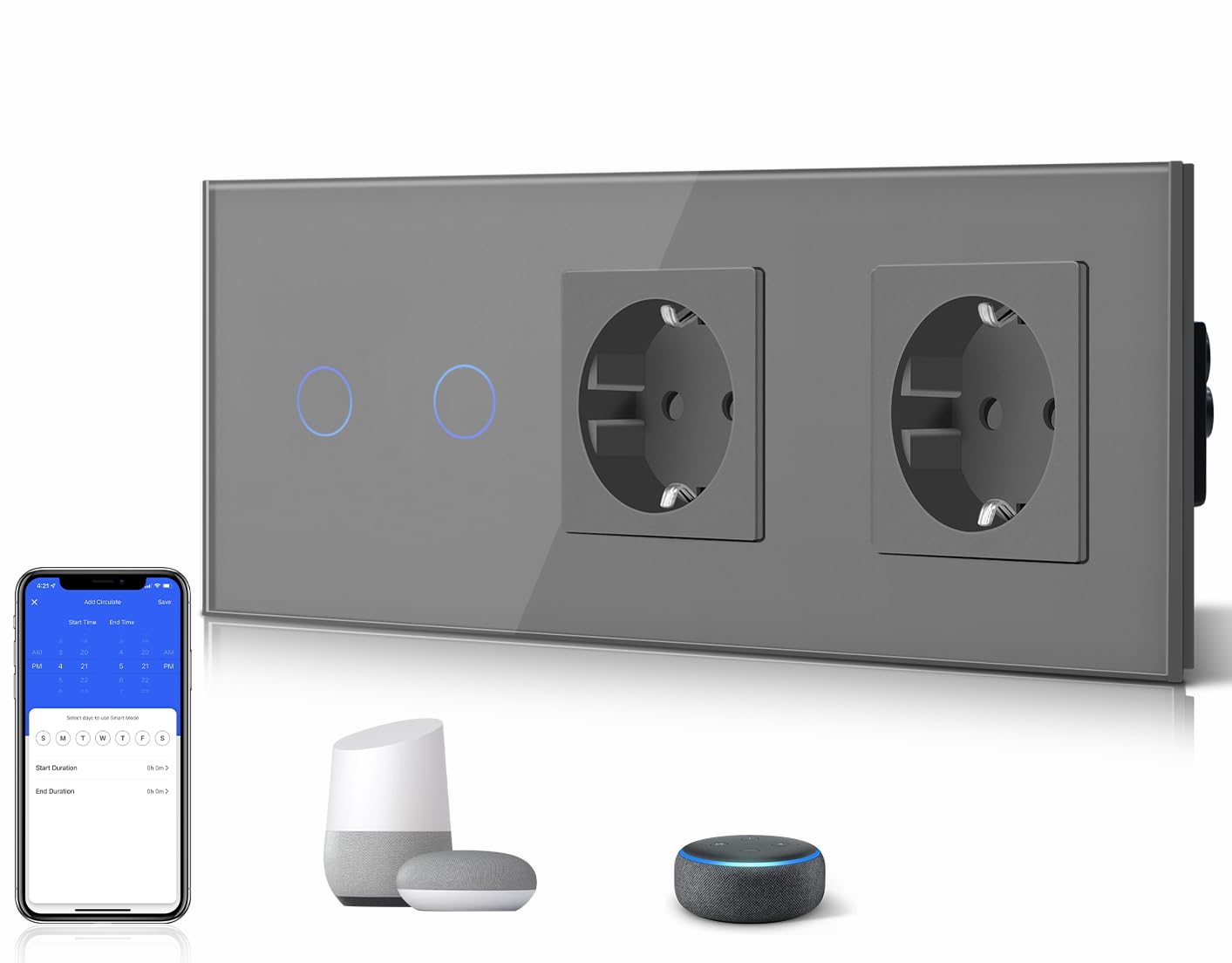 BSEED BSEED 2 Gang 1 Vía Interruptor de Luz Táctil Inteligente WIFI con Doble Schuko Enchufe Estándar, Compatible con Alexa/Tuya/Smart Life (Requiere Cable Neutro) Gris