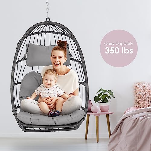 Hanging Egg Chair Without Stand - Foldable Indoor Outdoor Wicker Rattan Swing Egg Chair With Hanging Chain Hammock Chair - Uv Resistant Cushions & Aluminum Frame For Bedroom Patio Camping (Grey) #TOP1