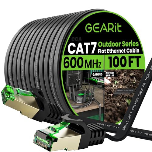 GEARit Cat 7 Outdoor Flat Ethernet Cable (100ft, Black) Direct Burial Rated LLDPE Jacket - Indoor Cat7 Shielded FTP 600MHz 10Gbps High Speed Gaming Computer Network RJ45 Snagless Patch Cord Internet
