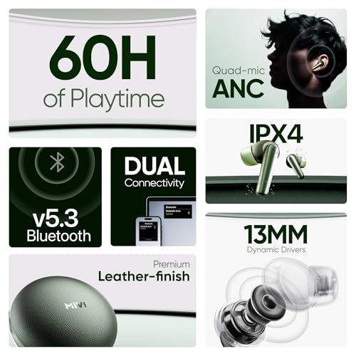 Image of Mivi DuoPods Aura 35 dB Quad-mic ANC Wireless TWS Earbuds, 60H Playback, 13mm Bass Drivers, Gaming Mode 50ms, Bluetooth v5.3, IPX4 Sweat Proof, Made in India