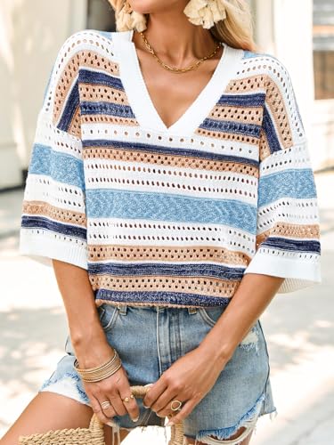 Image of Saodimallsu Womens Short Sleeve Sweaters V Neck Crochet Knit Striped Hollow Out Tops Beach Cruise Outfits