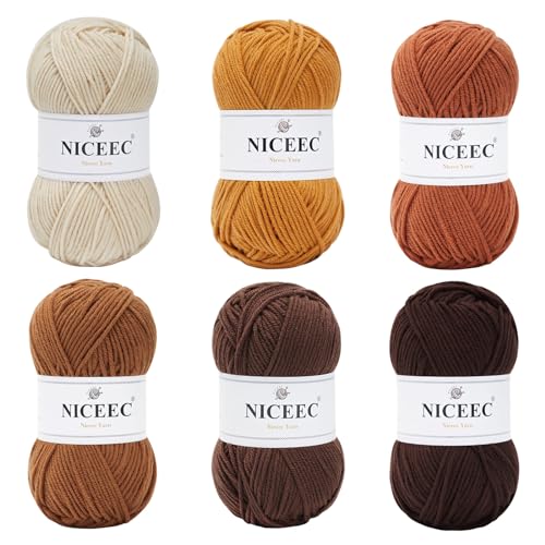 Image of NICEEC 300g Soft Assorted Colors Yarn - Sport Weight,100% Acrylic, 4 Ply, Bonbons Yarn for Crochet & Knit, DIY Project Starter Kit for Kids or Adults(Total 870yds) - Brown Series