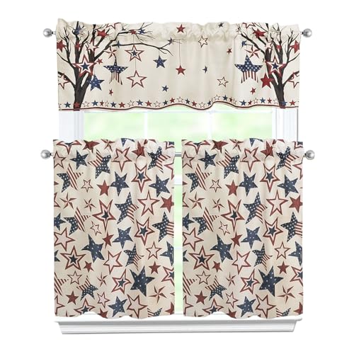 4th of July Kitchen Curtains 3 Piece Set Patriotic Independence Memorial Day USA Curtains Valance & Tiers Short Window Curtain Over Sink Window for Kitchen Home Cafe Indoor 36 Inch Patriotic Decor