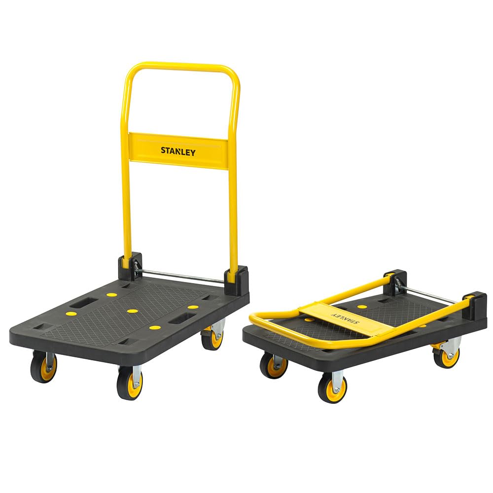 STANLEY SXWT-PC509 Commercial Platform Truck, 250kg Load Capacity, Polypropylene Foldable Dolly Push Cart with 360 Degree Swivel Braked Wheels, Open Dimn: 90x61x94 cm, Folded Dimn: 90x61x29 cm