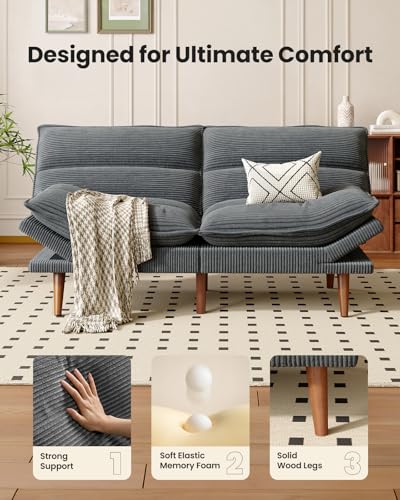 Image of Amada Convertible Futon Sofa Bed - Corduroy Loveseat with Adjustable Backrest & Armrests, Thickened Seat Cushion, Small Space Sleeper Couch for Apartment, Study Room & Office（Gray，66 Inch ）