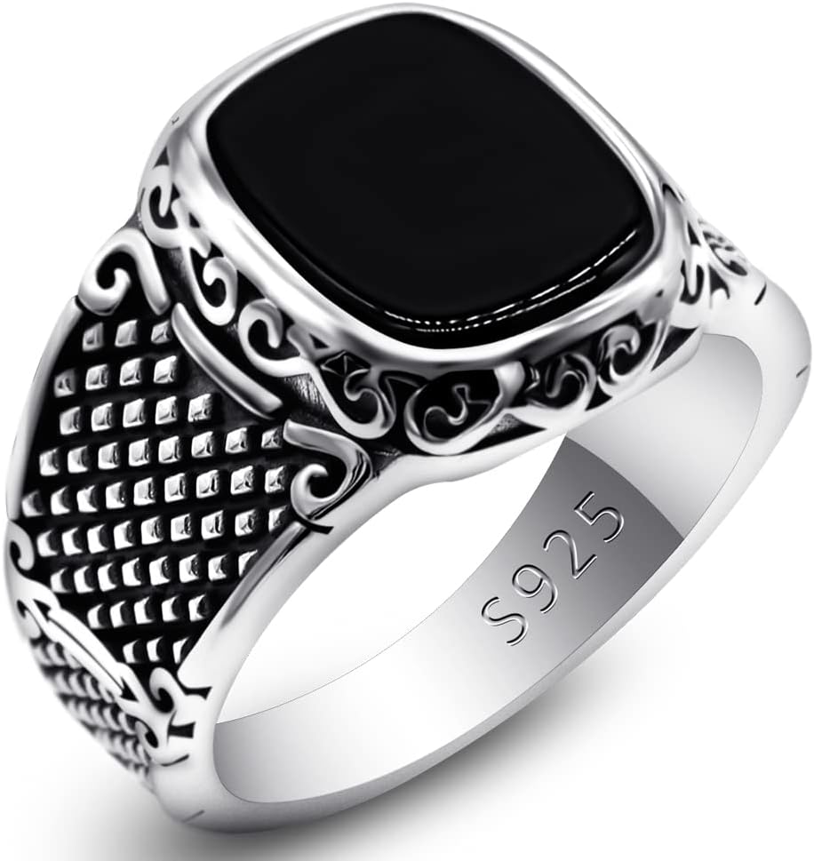 OHMMHOSolid 925 Sterling Silver Men's Ring Square Black Agate Men's Punk Ring Premium Jewelry Turkiye Style