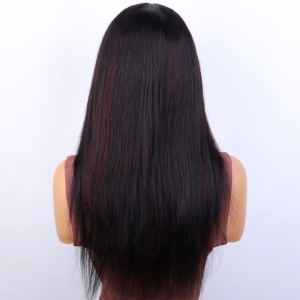 Haarpflege Brasilianische Glatte Echthaar-Perücke Für Frauen Ombre Burgunderfarbene Leimlose Perücken Mit Pony 180% Dichte