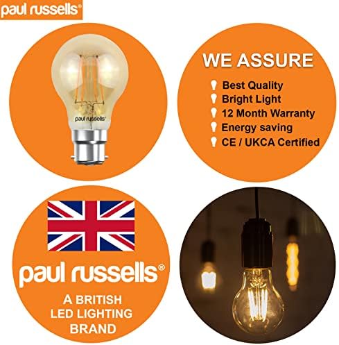 paul russells LED Filament GLS Light Bulbs Bayonet Fitting Cap B22, 50w Equivalent A60 GLS Standard 6.5W 650LM LED Globe 2200K Amber Bulb Celling Energy Saving Lamp Pack of 2