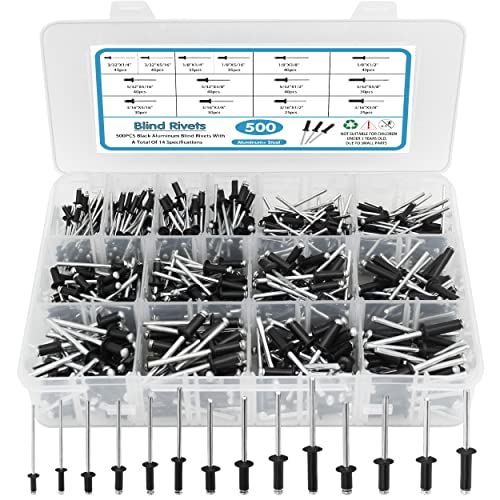 SATANTECH 500pcs Black Rivets Pop Rivets Assortment Kit, 14 SAE Sizes Aluminum Rivets (3/32