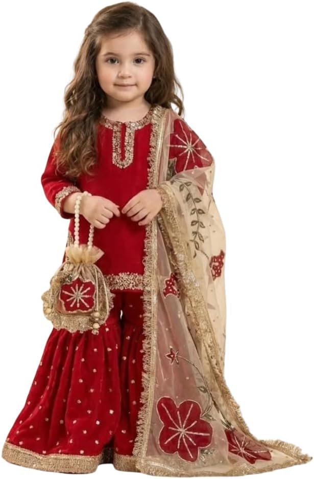 Kids Silk Kurta Sharara Set For Girls With Dupatta - Indian Ethnic Party Wear Embroidery Sequence Work.