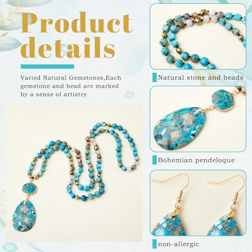 Turquoise Jewelry Set Turquoise Long Beaded Necklaces and Earrings for Women Boho Natural Stone Indian Necklace Bohemian Beaded Jewelry Handmade Vintage Oval Water Drop Earrings3
