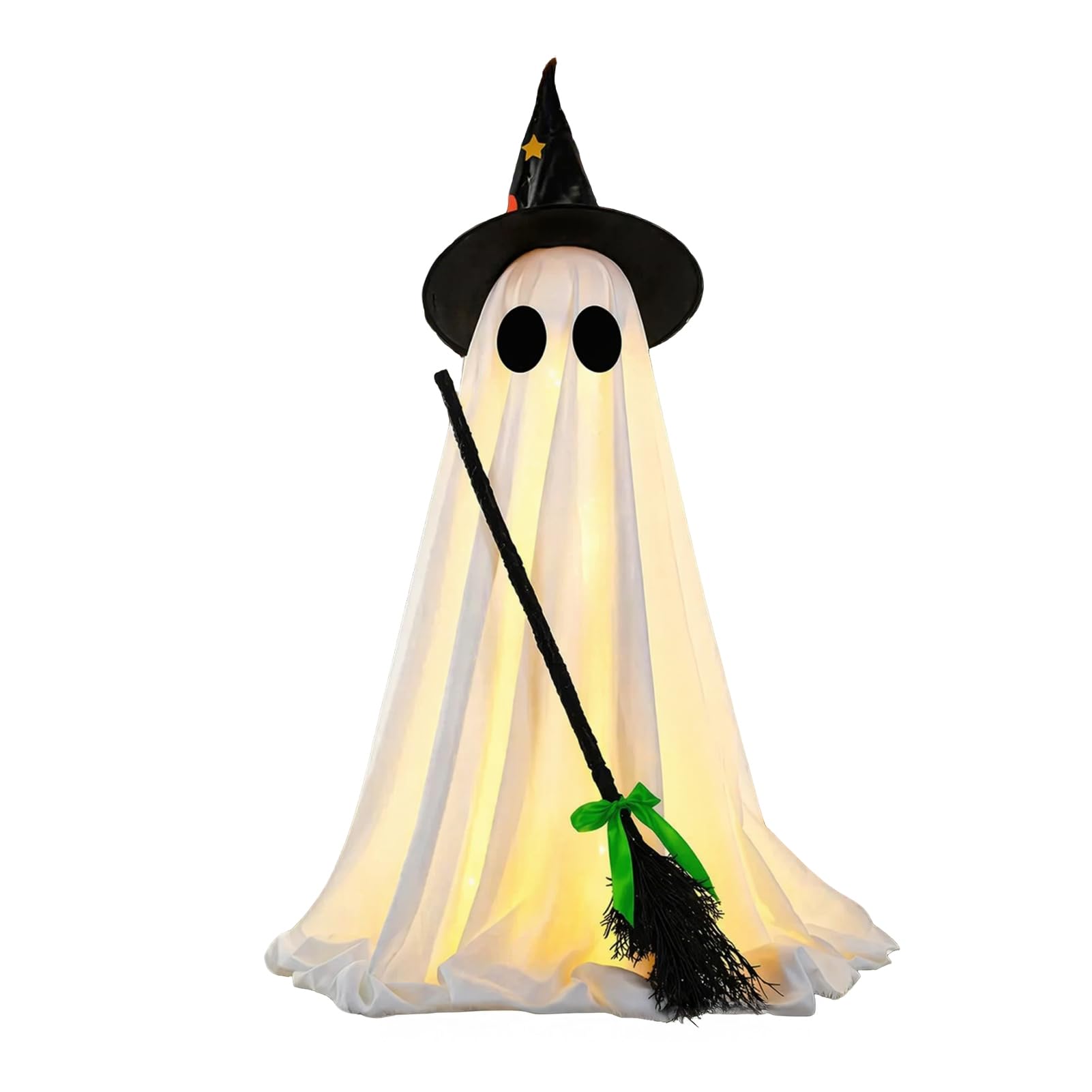 sugerou Halloween Light-Up Ghost Decoration, Spooky Witch Hat Ghost Ornament with LED Light, Broom Ghosts Decor for Outdoor Lawn Porch Holiday Party White