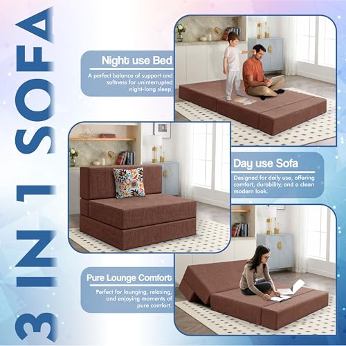 Image of Los Angeles Foldable One Seater Sofa Cum Bed, Sofa Bed 3 X 6 Feet Jute Fabric Washable Cover- Including Cushion Perfect for Living Room - Brown Color
