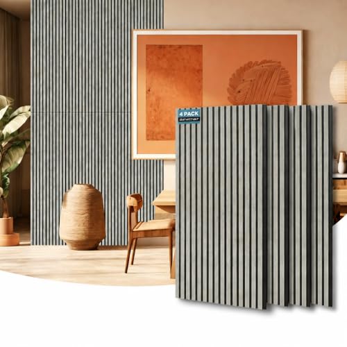 Image of AKUMAX Extra-Thick 0.7 inch Wood Slat Acoustic Wall Panels, 4 Pack 47.2 inch x 23.6 inch, 31 ft, NRC 0.80 Sound Absorbing 3D Slat Wall Paneling with Real Wood Veneer, E0 MDF and PET Felt, Gray Oak