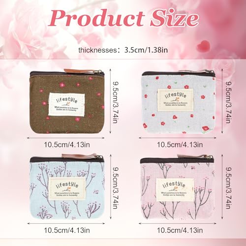 4Pcs Mini Makeup Bag, Linen Floral Pouch for Purse Small Cosmetic Bag with Zipper Portable Toiletry Organizer Cute Coin Purse Storage Pouch Bag Fabric Cosmetic Pouch for Girl Women2