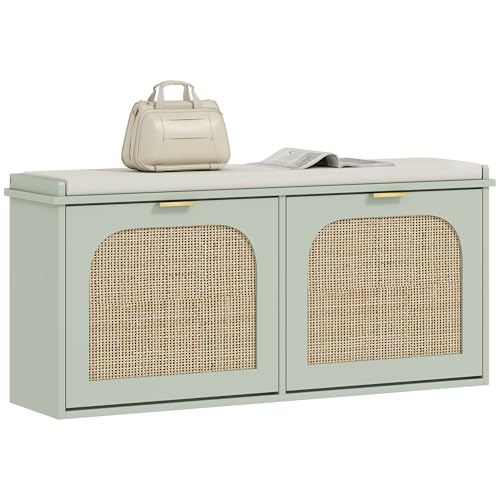 HOMCOM Narrow Shoe Bench with Padded Seat and 2 Flip-Drawers, Boho Shoe Storage Bench with Rattan Doors and Adjustable Shelves for Hallway, Entryway, Holds 10 Pairs, Light Green