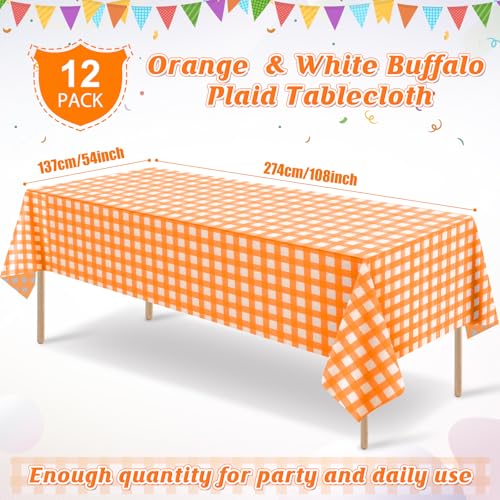 Image of 12 Pack Orange Plastic Checkered Tablecloth, Premium Decorative Disposable Orange Gingham Plaid Table Cloths for Parties, Rectangle Party Table Cover for Fall Thanksgiving Picnic Birthday, 54x108 Inch