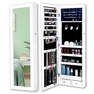 Ntufrest Mirror Jewelry Organizer, Upgraded 6 LED Lights Wall/Door Mounted Jewelry Armoire Cabinet, Full Length Mirror with Storage, Lockable Makeup Organizer and Storage,White