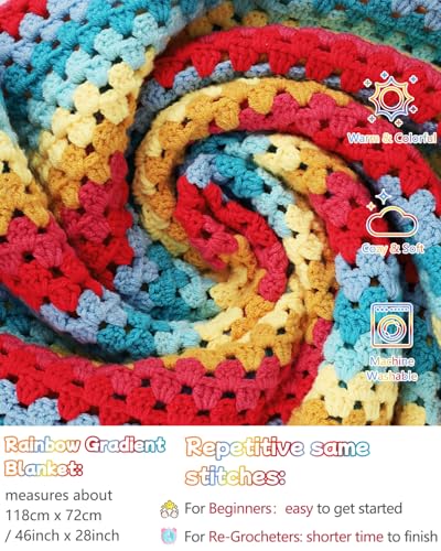 Image of Aeelike Crochet Blanket Kit for Beginners, Rainbow Gradient Granny Squares Blanket, 44PCS Complete Starter Crochet Kit w Beginner Friendly Instructions Easy Learn Videos Tutorials Enough Yarn