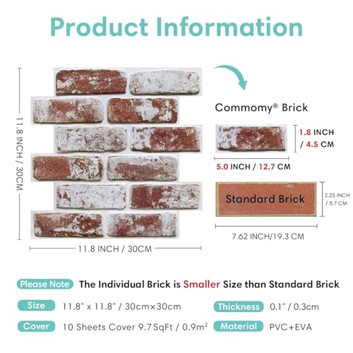 Commomy 10 Pcs 3D Faux Brick Wall Panels -11.8\"X11.8\" Small Size Thin PVC Peel and Stick Brick Farmhouse DIY Brick Backsplash for Fireplace, Bedroom, Living Room, Kitchen - Thumbnail 4