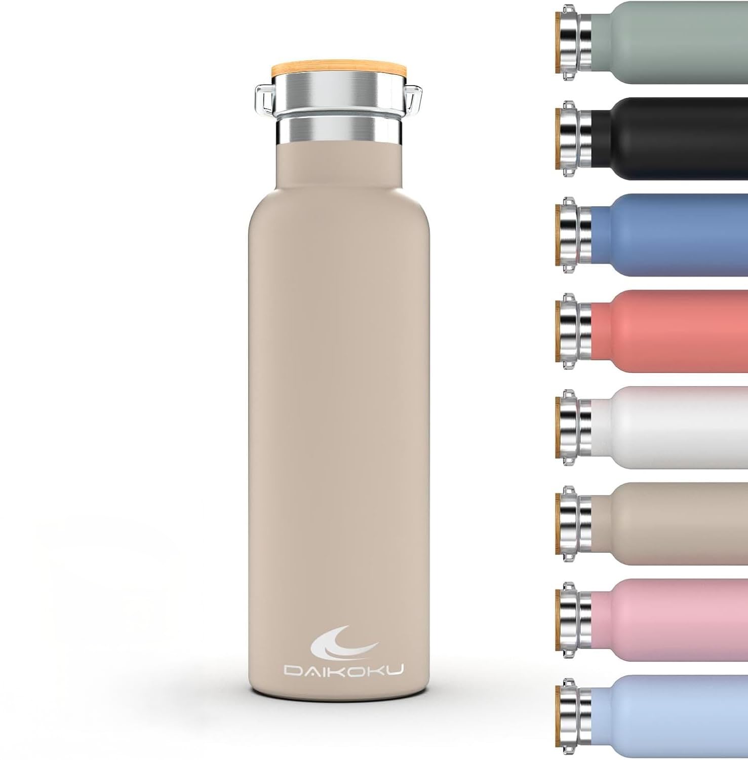 Daikoku Bottle Double Wall Stainless Steel Thermos Flask Keeps Drinks Hot or Cold for Hours Two Caps Pastel Beige 750ML