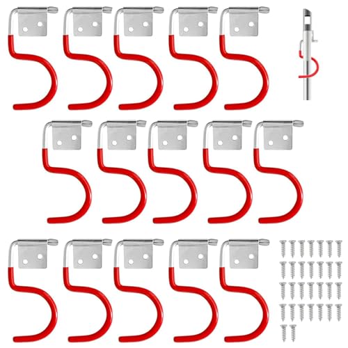 Gartengerätehalter Metallhaken, 15 Stück Gerätehalter Rot Haken, Besenhalter Werkzeughalter, Gummierung Gartengeräte, mit 30 Stück schrauben, für Garagen, Geräteschuppen, Keller, Abstellräume, Gärten