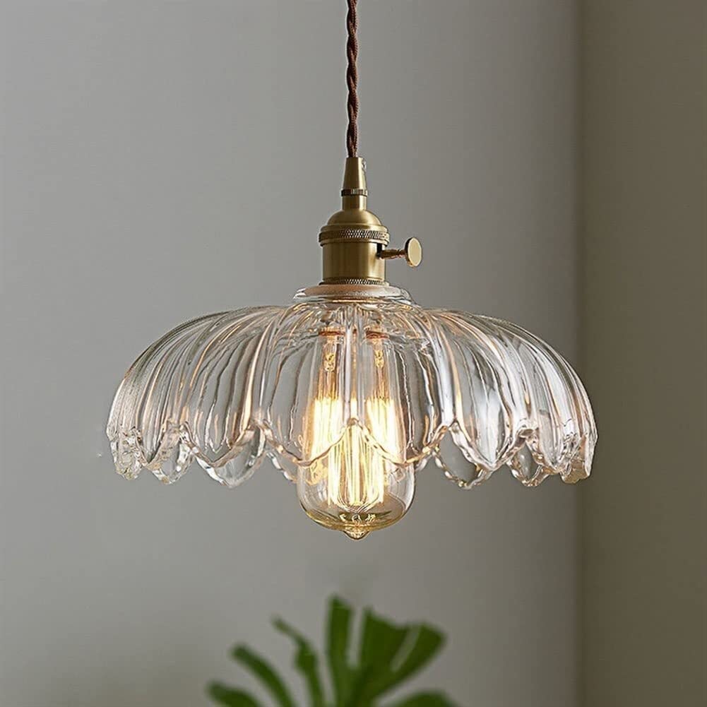 GLWO Modern Scalloped Glass Flower Pendant Light Industrial Single Chandelier Retro Ceiling Hanging Lamp for Bedroom Restaurant Hallway Kitchen Dining Room Pendant Lighting Fixture (Color : Clear)