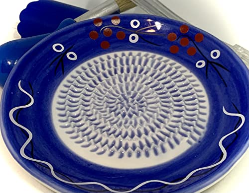 Image of BonCera, All-in-one 4pcs Premium Ceramic Garlic Grater Set - HandMade, Blue Stoneware Design Grater Plate Garlic Peeler, Gathering Brush, Display Stand, It's also grating Turmeric, Ginger, and more.