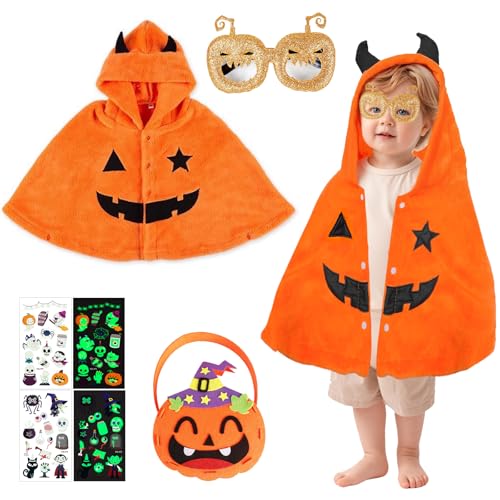VEQENIFY Halloween Kürbis Kostüm,Kürbis Umhang Kinder,kinder Umhang,Hexe Umhang,Halloween Kostüm Kinde mit Brille KürbisTasche,für Cosplay Party Kostüm Karneval