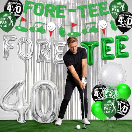 Image of 40th Birthday Decorations for Men, Golf 40 Birthday Decorations for Men Including FORE-TEE Banner Silver Fringe Curtain Golf Themed Honeycomb Centerpieces 40 Foil Balloons