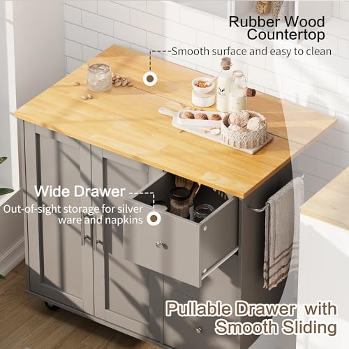 Image of SUNLEI Kitchen Island on Wheels with Storage Cabinet & Foldable Drop Leaf, Rolling Kitchen Table, Cart Handle for Towel Rack, Drop Leaf, Portable Islands for Kitchen (Cement Gray, 39.7-INCH)