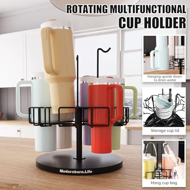 Water Bottle Organizer for Cabinet or Counter - Rotating Non-Slip Tumbler Organizer Holder for Stanley 40 Oz Cup with Handle - 2-In-1 Tumbler Display Storage Rack & Water Bottle Drying Rack - Black