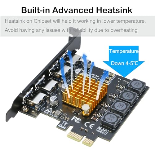 Image of RIITOP USB 3.0 PCIe Card 4-Port PCI Express x1 to USB 3.0 Expansion Adapter Internal USB3 HUB on PC for Win 11 /10 (No Additional Power Required)