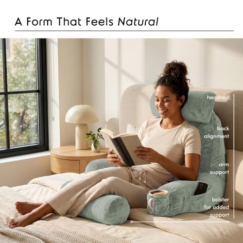 Image of Nestl Reading Pillow with Shredded Memory Foam Includes 2 Neck and Lumber Support Pillows, Designed for Sitting Up in Bed and Couch, Back and Arms Adjustable Support for Adult & Teens, Sage Green