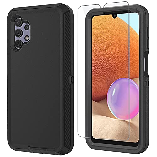 MMY Case for Samsung Galaxy A32 5G Case [NOT FIT A32 4G Version] + Tempered Glass Screen Protector Heavy Duty Shockproof Drop Dust Proof 3 in 1 Defender Black