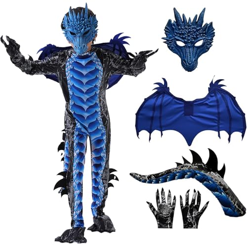 YZHFFHLF Enfant GarçOn Costume De Dragon: Ailes De Dragon Et Masque Costume D'Halloween Costume De Dragon Pour GarçOns Pour Les FêTes Carnaval Cosplay (Blue, L)